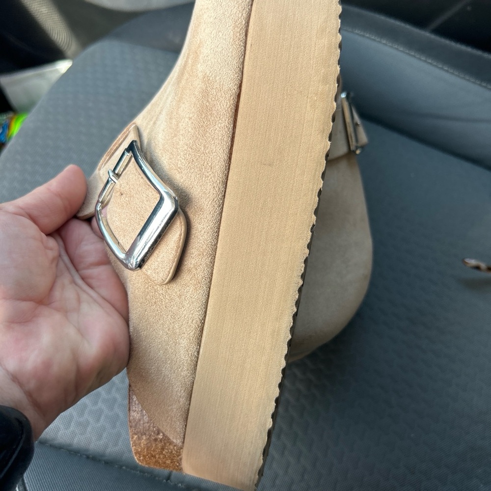 Beige Suede Clogs with Silver Buckle - Picture 2 of 6